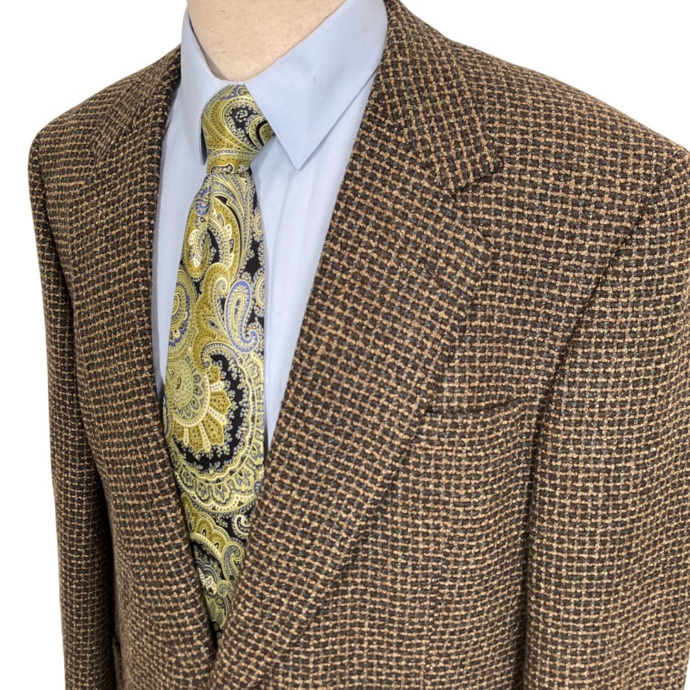 JHANE BARNES Blazer Mens 44L Brown Gray Check Plaid Tweed Tailored Union USA VTG
